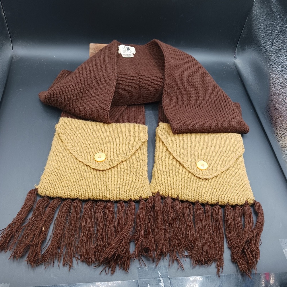 Vtg 70s Crochet Boho Hippie Yellow & Brown Long Granny Scarf w Fringe & Pockets